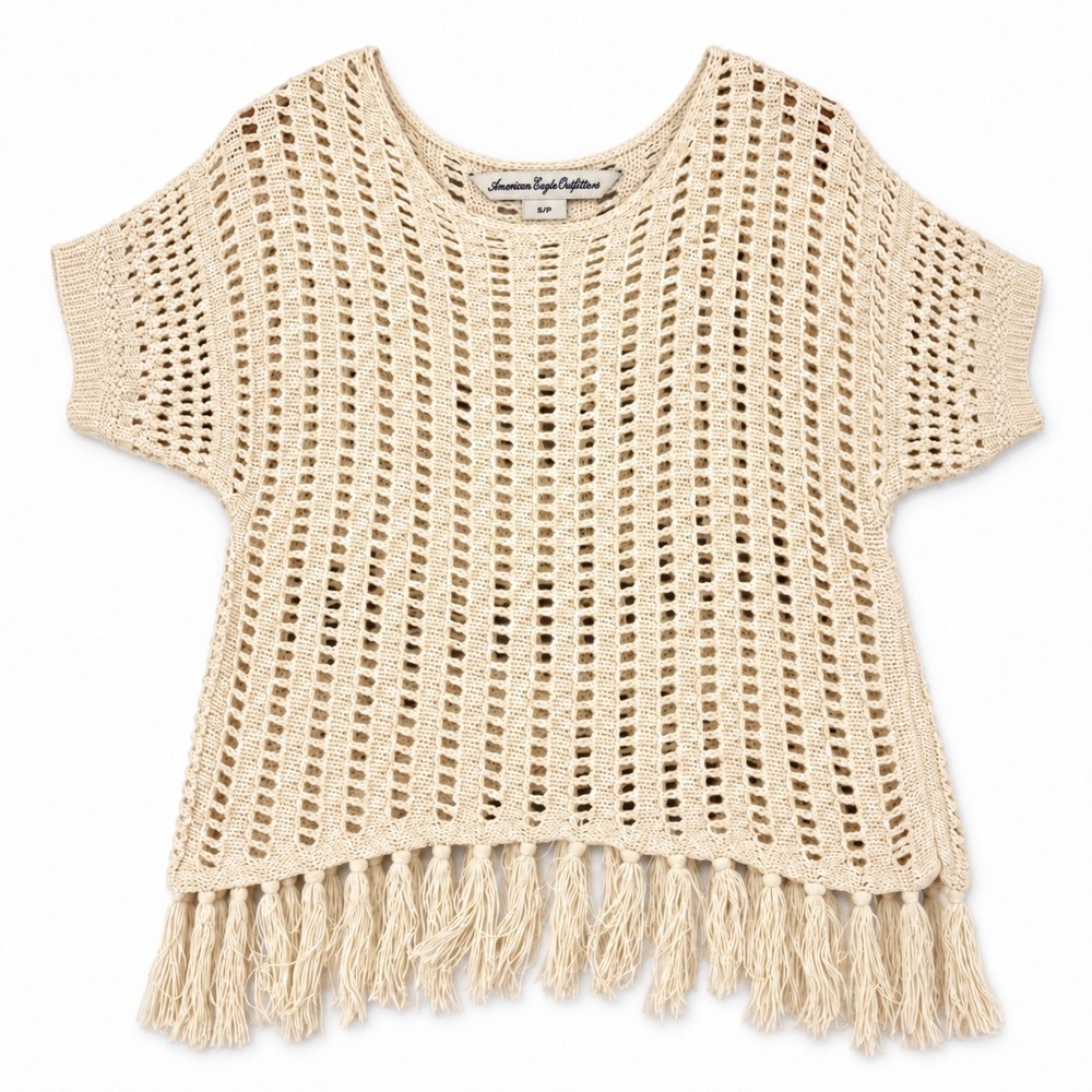 American Eagle Womens S Cream Crochet Fringe Sweater Top Boho Festival Coastal